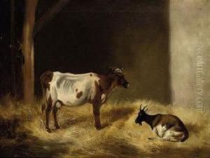 A Cow And Goat In A Stable by Edmund Bristow