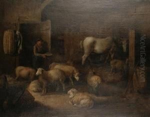 Farm Animals In A Barn Interior by Edmund Bristow