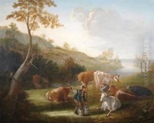 A Couple Milking Cows In A River Landscape A Couple Milking Cows In A River Landscape