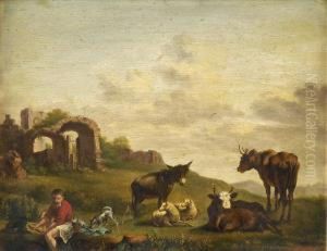 Droverresting On A River Bank, With Donkey, Cattle, Sheep And Dog, Ruinsbeyond