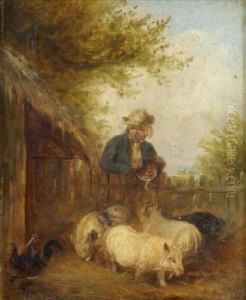 Feedingthe Pigs; A Barn Interior A Pair by Edmund Bristow