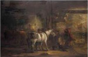 Saddling A Horse In A Stable by Edmund Bristow