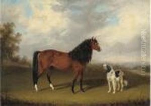 A Grey With A Dog In A Parkland;
And A Chestnut Horse With A Dog Inan Extensive Landscape by Edmund Bristow