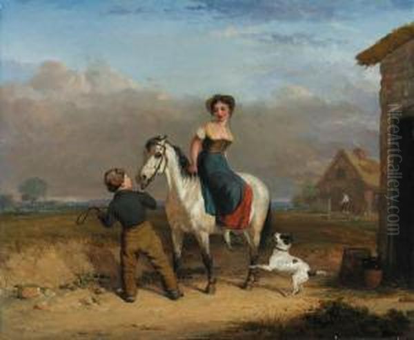 A Girl On A Grey Pony Held By A Boy, By A Country Cottage - view 1