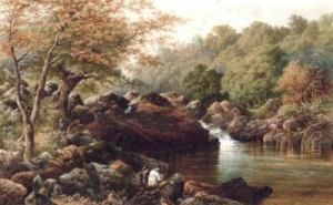 A Tranquil Pool With Fisherman by Charles Edward Snr Brittan