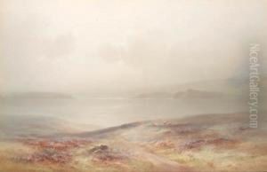 Sheep Grazing At The Edge Of A Lake In A Moorland Landscape by Charles Edward Snr Brittan