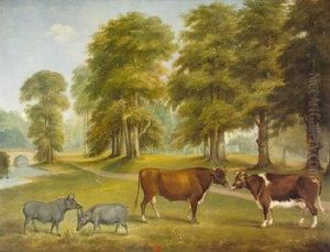 Cattle And Wild Boar In Parkland Setting by William Brocas