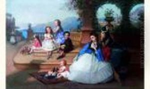 Famille Sur La Terrasse D'une Villa De La Riviera Italienne by Constant Joseph Brochart