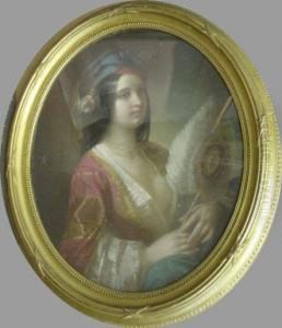 Portrait Of An Elegant Woman In Exotic Dress Holding A Fan by Constant Joseph Brochart