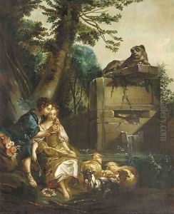 A shepherd teaching a shepherdess to play the flute by Francois Boucher