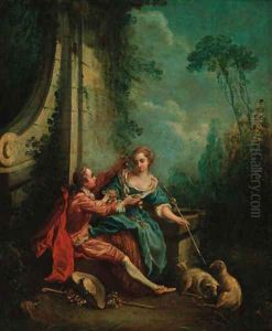 A shepherd and shepherdess at a fountain by Francois Boucher