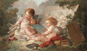 A winged putto sketching Cupid, by a bas-relief of children playing, in a landscape by Francois Boucher