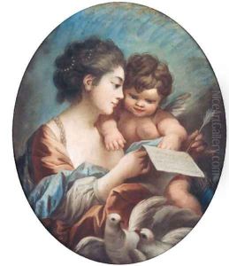 A young Woman with a Cupid in her Arm's holding a Letter