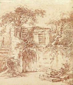 A garden shed built in the ruins of an old cottage overgrown with trees by Francois Boucher