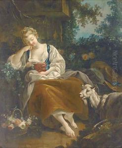 A shepherdess resting in a wooded clearing with a basket of mixed flowers and a goat nearby