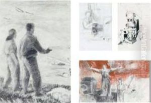 Figures Overlooking An Airport; 
Industrial Landscape With Workers(double-sided) With Factory Workers 
Operating A Machine Verso; Industry Worker At His Station by Isaak Israilevich Brodsky