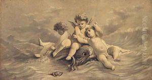 Putti frolicking amidst the sea - en grisaille by Francois Boucher