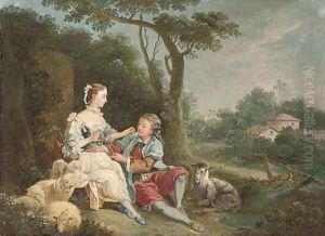 A wooded river landscape with a swain courting a shepherdess by Francois Boucher