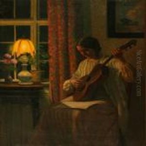 Drawing Room Interior With A Woman Playing The Guitar by Alfred K. Harald Broge