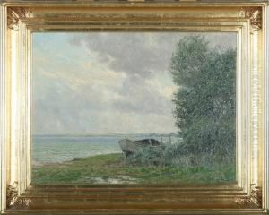 Coast With A Rowing Boat At The Beach by Alfred K. Harald Broge
