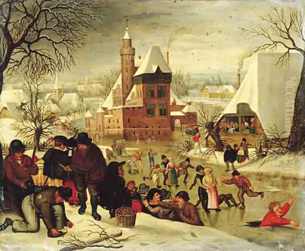 A winter landscape with peasants skating and playing kolf on a frozen river, a town beyond - view 1