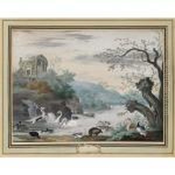 An Italianate River Landscape
With Swans, A Heron, Ducks And A Goose, A Ruin On The Hill In The
Background - view 1