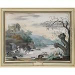 An Italianate River Landscape
With Swans, A Heron, Ducks And A Goose, A Ruin On The Hill In The
Background by Johannes Bronkhorst