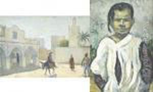 Tableau Double Face Representant
 Sur Un Cote : Une Ruelle De Medina Et Sur L'autre : Une Enfant Devant 
Une Palmeraie