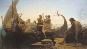 Greek mythological figures on a boat near a pier by Louis Marie Baader