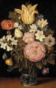A rose, a tulip, an iris and other flowers in a glass vase, with a butterfly
