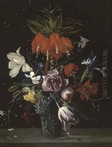 A crown Imperial lily, tulips, roses, hyacinths and other flowers