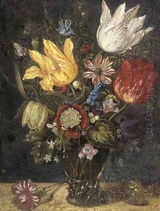 Parrot tulips and other flowers in a roemer, with a carnation and a butterfly on a ledge