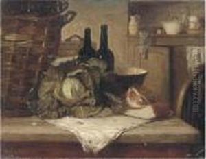 A Cabbage, Joint Of Meat, Bottles And A Wicker Basket On A Kitchentable A Cabbage, Joint Of Meat, Bottles And A Wicker Basket On A Kitchentable