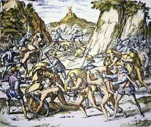 Conquistadors enslaving and beating native American baggage carriers by Theodore de Bry