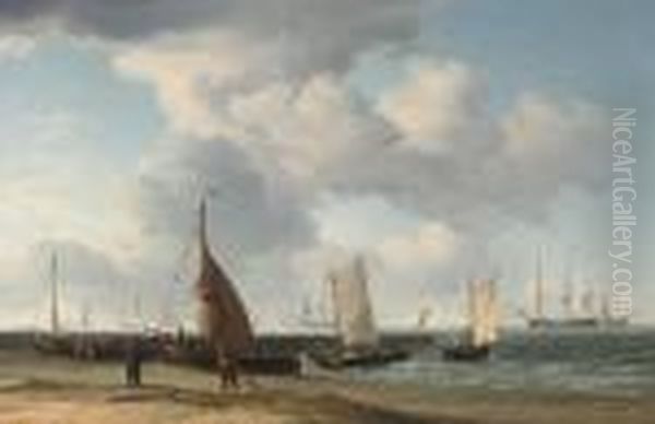 A Dutch Fishing Pinck Hauled Up On The Beach, With Men-o'war At Anchor In The Distance - view 1