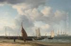 A Dutch Fishing Pinck Hauled Up On The Beach, With Men-o'war At Anchor In The Distance