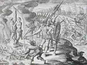 Execution of two Payagua Indians accused of killing Juan de Ayolas by Theodore de Bry