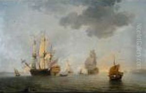 A British Man Of War And Other Shipping Off The Coast by Charles Brooking