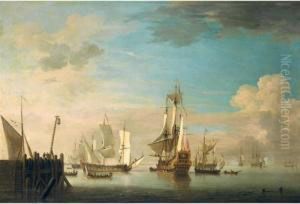 An English Two Decker Of 40 Guns, A Galliot And Other Shipping In A Calm Off A Pier by Charles Brooking