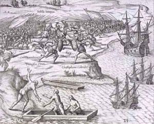 Battle in Jamaica between Christopher Columbus (1451-1506) and Francisco Poraz by Theodore de Bry