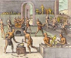 The workshop of Atahualpa's goldsmiths in Quito by Theodore de Bry