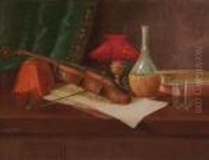 Still Life With Wine Bottle, Violin, Book And Lamp by Nicholas Alden Brooks