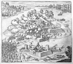 Annihilation of the French Protestant settlers, Fort Charles, Florida by Theodore de Bry