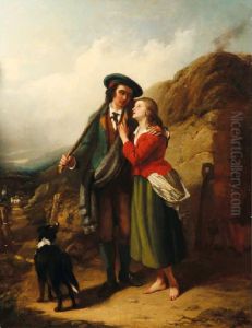 A Highlander And His Lass With A
 Sheepdog And His Flock, With Distant Views Of A Loch And Mountains