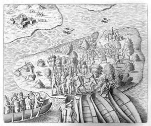 Hans Staden captured by Tupinamba Indians during his voyage to Brazil by Theodore de Bry