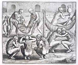 Tupinamba chief and his family fall ill while Hans Staden is held captive by Theodore de Bry