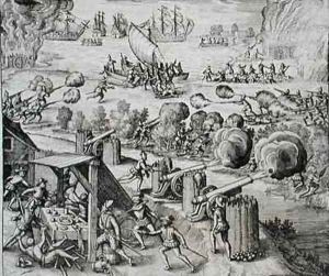 The Dutch fleet attack the Spanish fortress of Gratiosa on Gran Canaria by Theodore de Bry