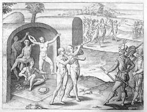 Spaniards being welcomed by an Indian king by Theodore de Bry