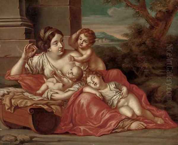 A woman with three infants in a clearing - view 1