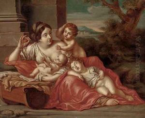 A woman with three infants in a clearing by Antonio Bellucci